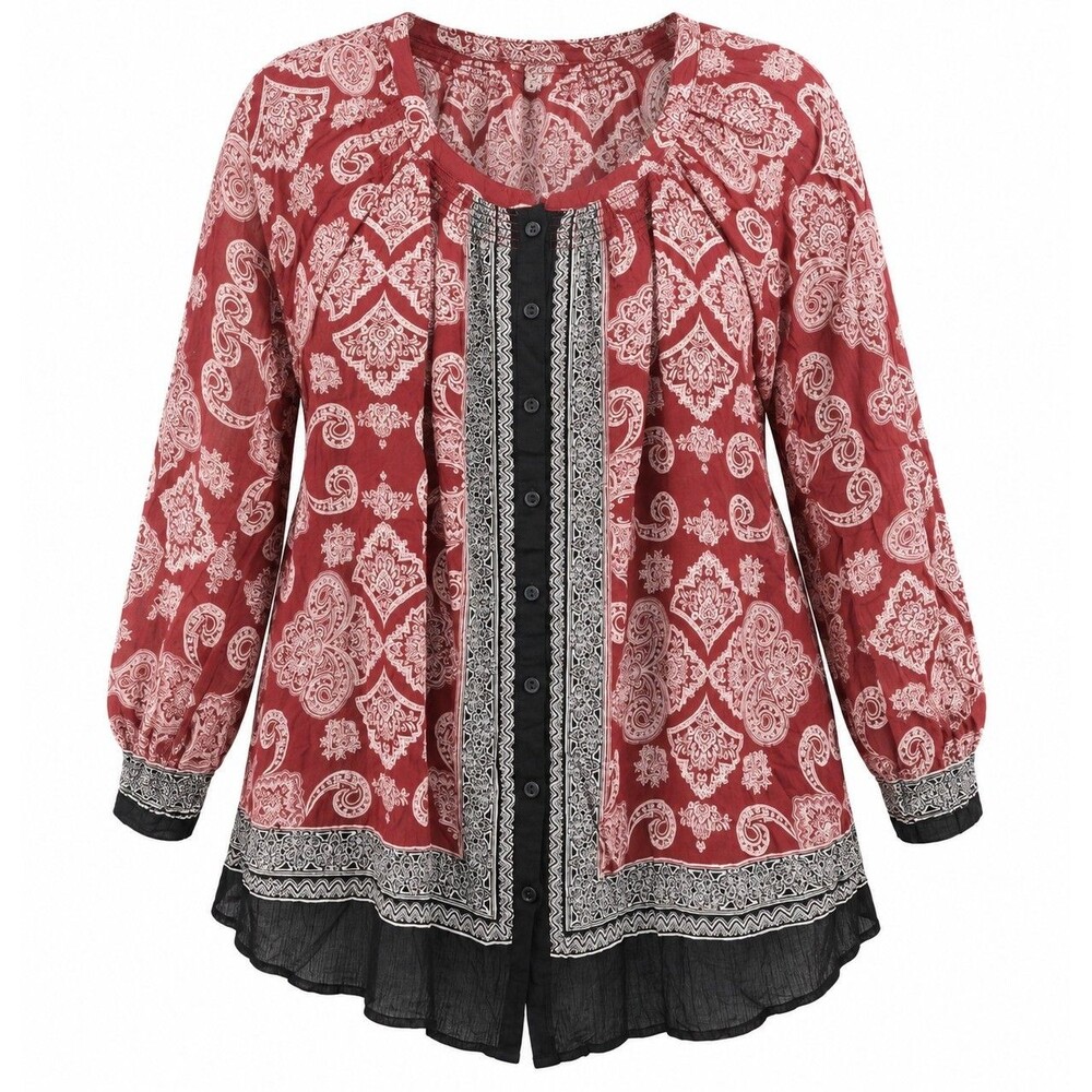 Boho Bandana Paisley Tunic Top Lucky Brand 1X Red Black Button Front Festival